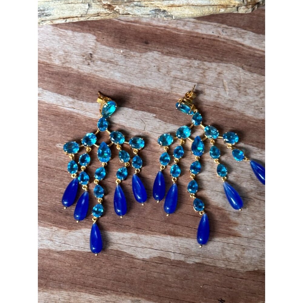 Valere Gold-Plated Chandelier Earrings With Blue Gemstones Teardrop Accents